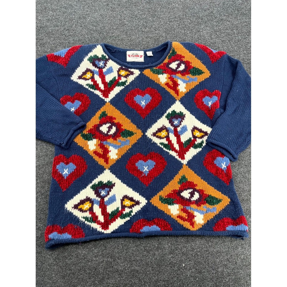 VTG 90s Extra Touch Oversized Sweater Womens 3X Blue Hearts Floral Acrylic Knit‎